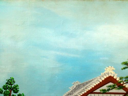 fig 3. An oil painting on canvas depicting a Japanese tea house set within a structured garden featuring a pond, stepping stone paths, trees, and colourful flowering bushes.