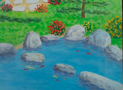 fig 5. An oil painting on canvas depicting a Japanese tea house set within a structured garden featuring a pond, stepping stone paths, trees, and colourful flowering bushes.