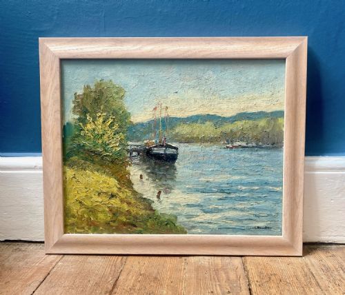 fig 1. A post-impressionist oil painting on canvas depicting a barge moored along the grassy banks of the River Seine in Normandy.