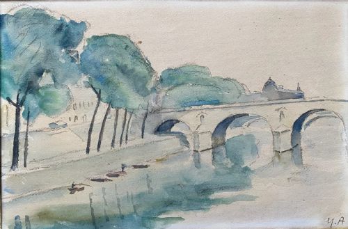 fig 1. A framed watercolour painting depicting the River Seine, trees, and the Pont Marie bridge in Paris executed in soft blue and green washes.