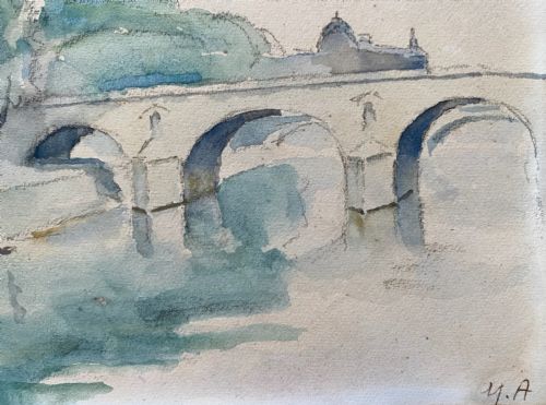 fig 2. A framed watercolour painting depicting the River Seine, trees, and the Pont Marie bridge in Paris executed in soft blue and green washes.