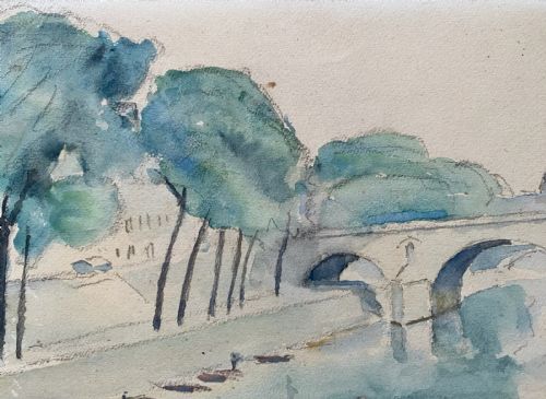 fig 3. A framed watercolour painting depicting the River Seine, trees, and the Pont Marie bridge in Paris executed in soft blue and green washes.