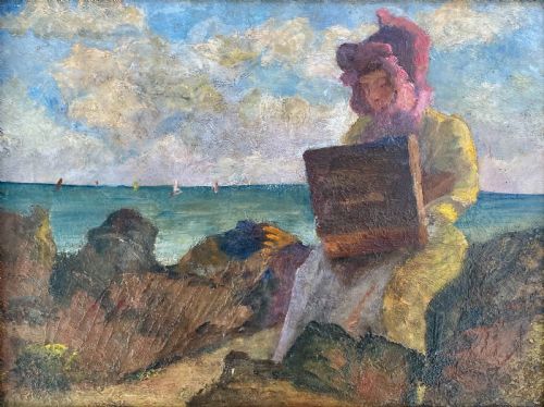 A Woman Artist by the Sea, ca 1900 French Impressionist Plein Air Oil Painting Study