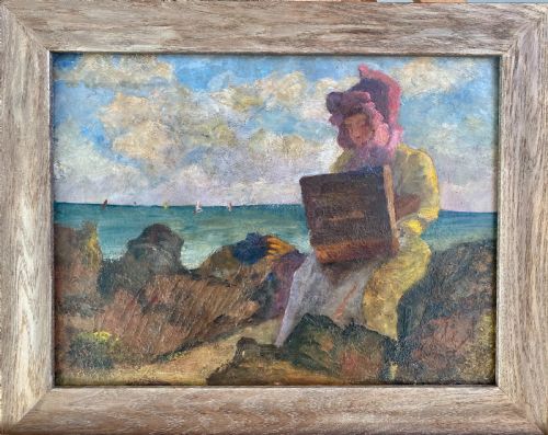 fig 1. An Impressionist oil painting depicting a female artist in a pink bonnet sitting on coastal rocks while painting a seascape outdoors.