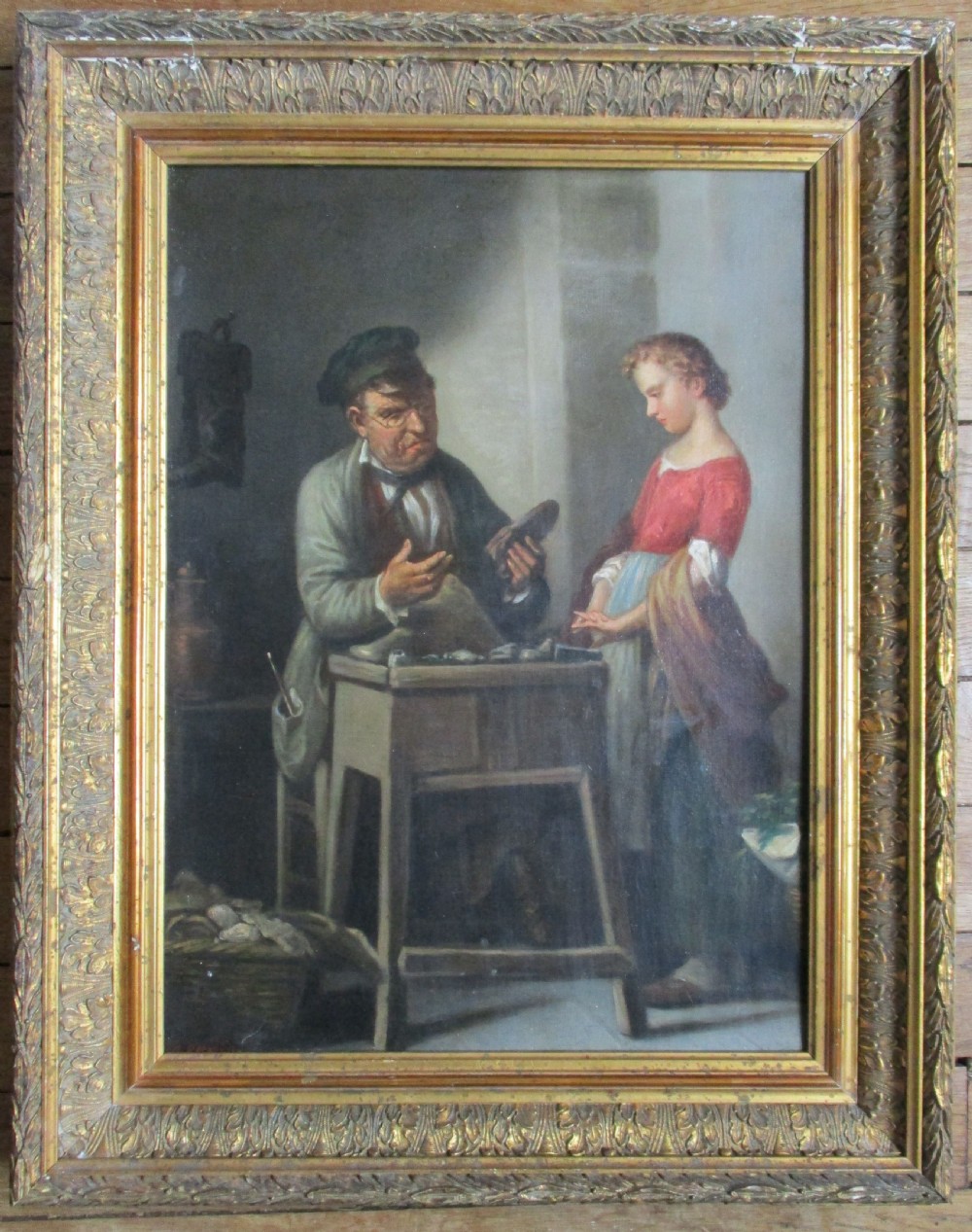 At the Cobblers: Biedermeier era 1850s continental genreantique oil painting  View III