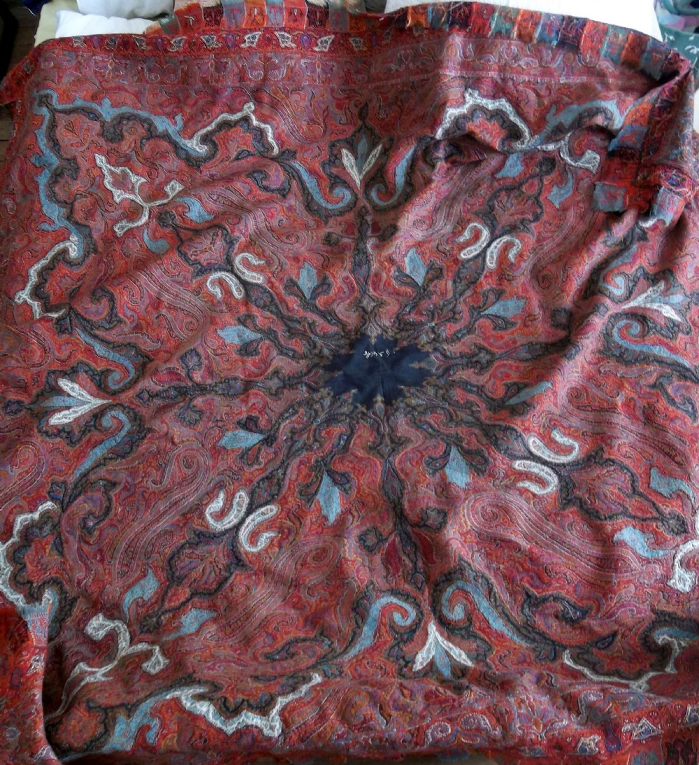 Antique handwoven Indian Kashmir Jamawar Shawl ca 1860 with Boteh and Harlequin borders View II