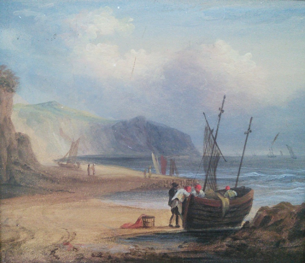 mid 19th Century antique Marine Painting Fishermen on the Shore