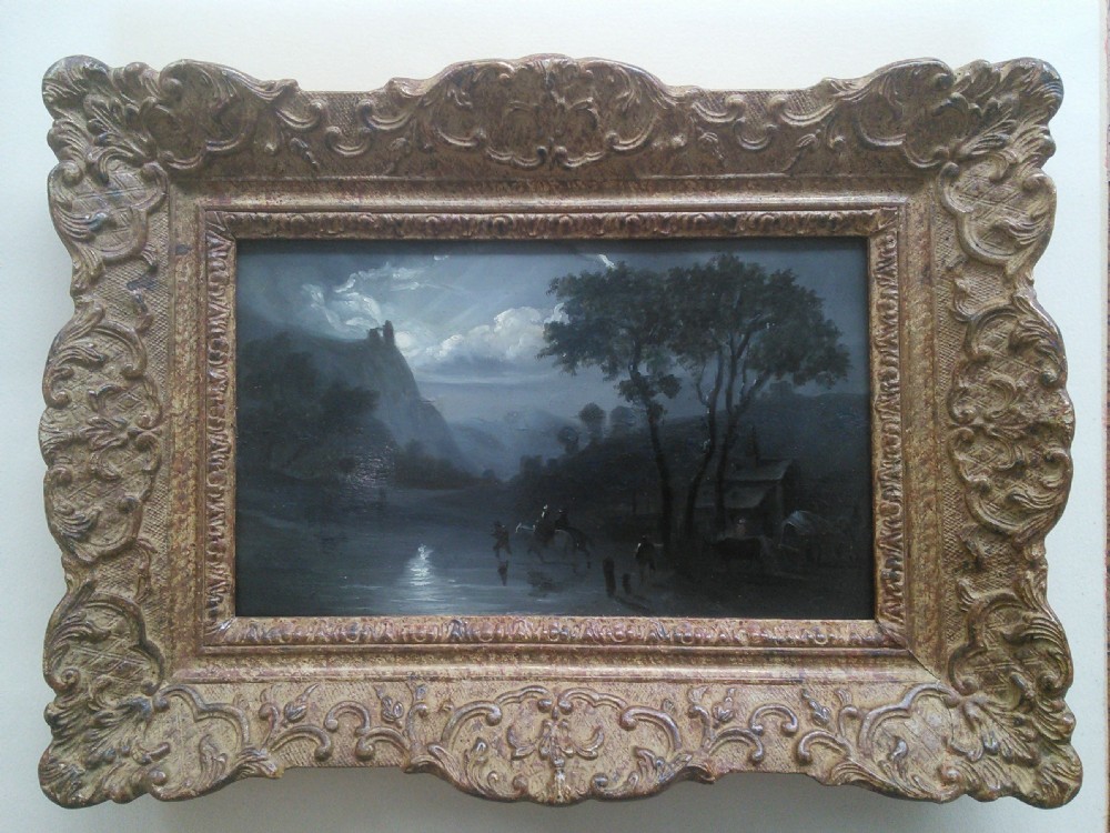 Antique French oil on panel 19th Century: Crossing the River at moonlight on horseback