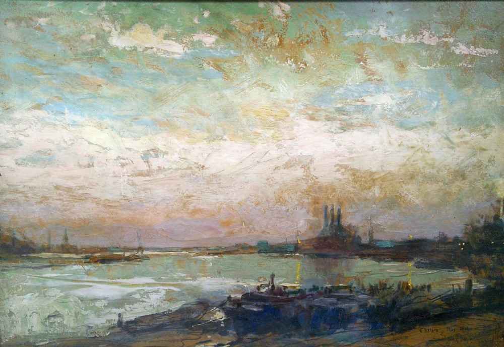 Antique Chelsea Harbour London Oil painting 1915 Alfred Bastien (1873-1955) Belgian war artist WW1 
