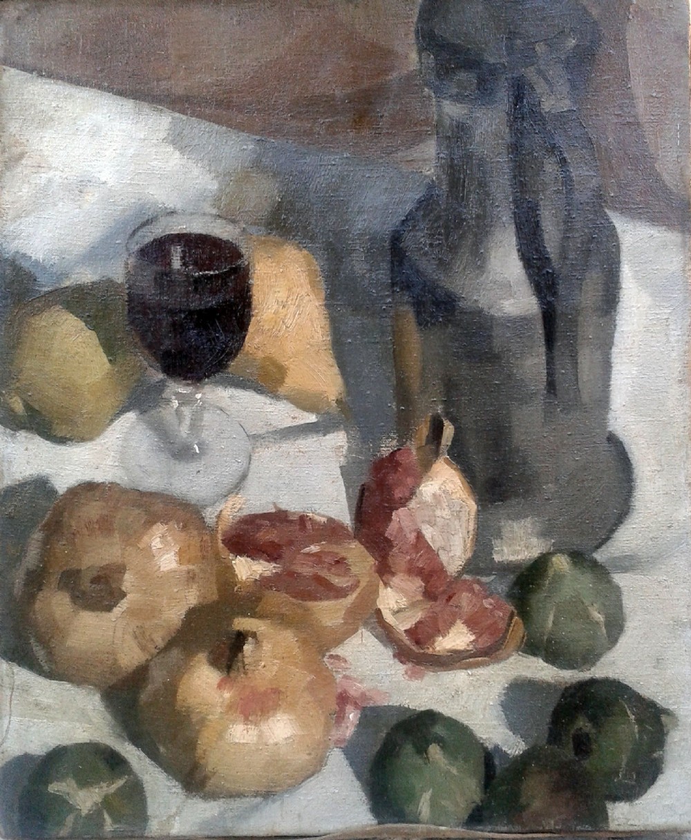 Cezannian Still life with Figs and Pomegranates antique oil on canvas c 1943 Antoine Martinez (French 1913-1970)