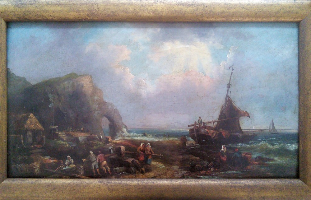 19th Century Marine  Fishermen on the Beach Continental Dutch or Flemish oil on panel View III