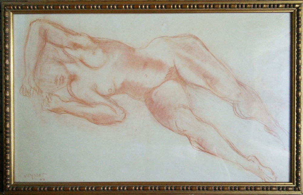 Antique French sculptural female nude drawing 1944 Raymond Veysset 