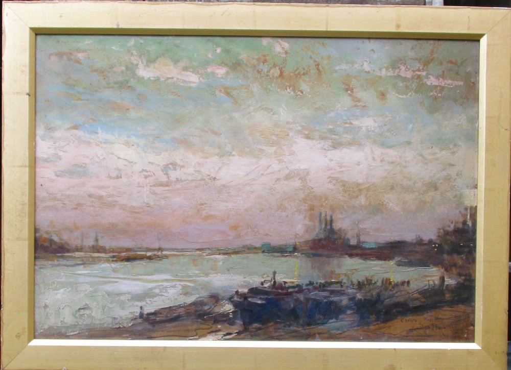 Antique Chelsea Harbour London Oil painting 1915 Alfred Bastien (1873-1955) Belgian war artist WW1  View V