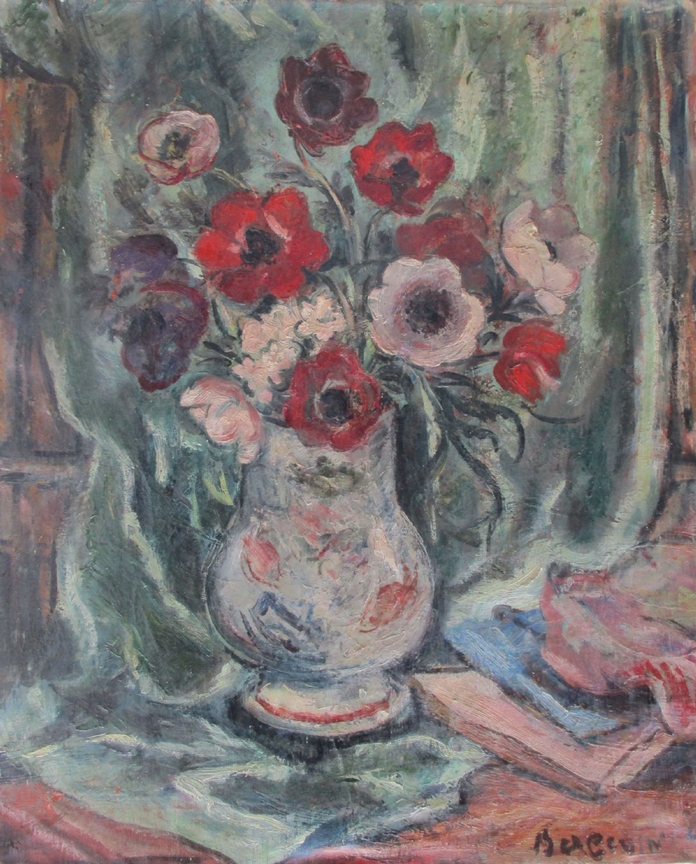 FrenchAlbert Bergevin (1887-1974) antique Still life with Anemones, 1943 Soutine -esque war period oil on canvas