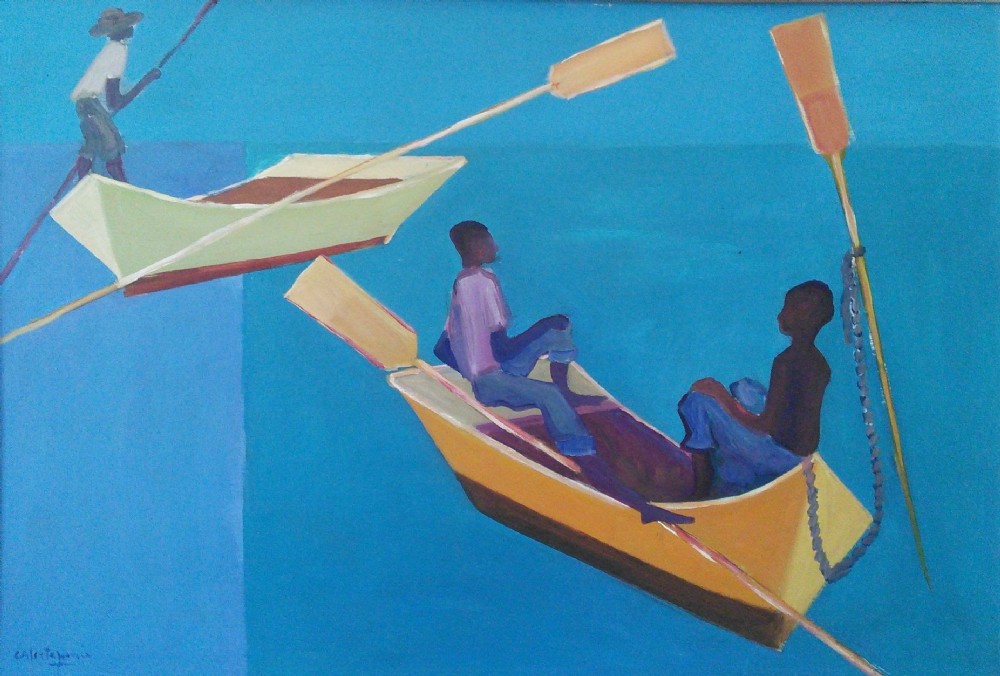 Calixte Henry Haitian Master: Island Fishermen, large colourful cubist mid 20th century oil on board