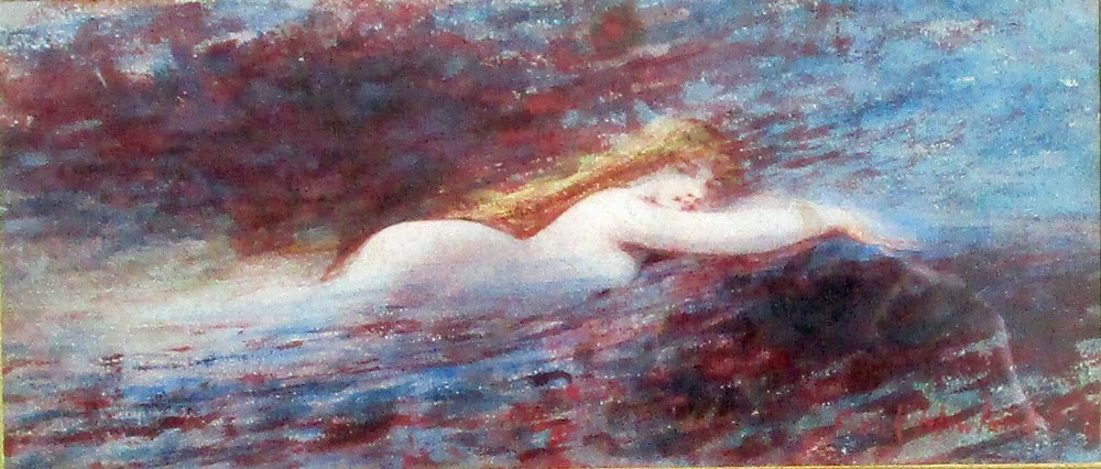 Little Mermaid or siren: symbolist art nouveau period antique watercolour circa 1890