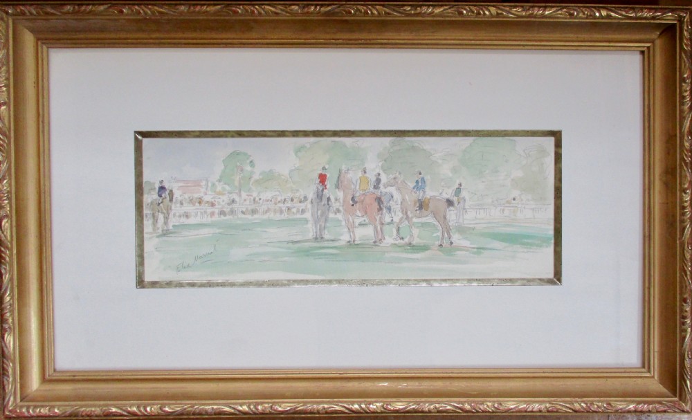Antique French horse racing paddock scene, Deauville, Normandy, watercolour 1950s Felix Murnot View II