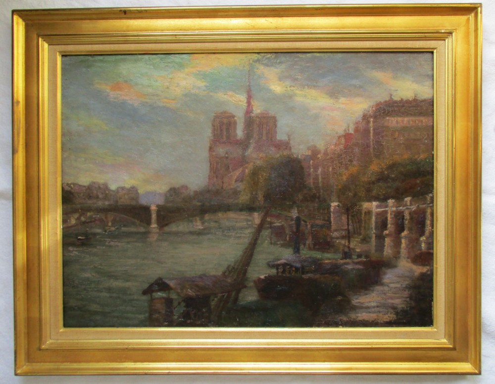 Masterpiece - Antique ca 1880 Impressionist Paris  Notre Dame Cathedral and the Seine in Summer evening light oil on canvas