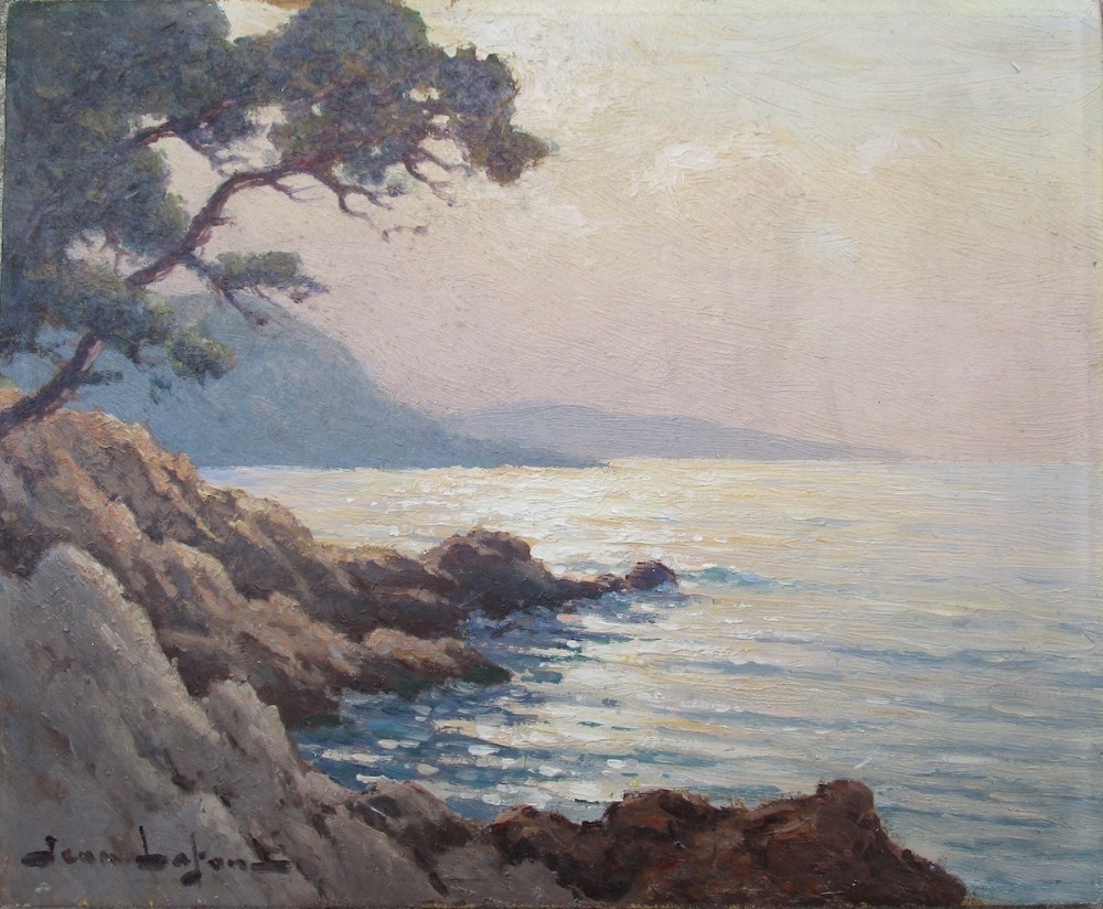 A peaceful bay in the South of France circa 1940, Antibes or Juan les Pins, antique oil on panel by Jean Keuleyan Lafon