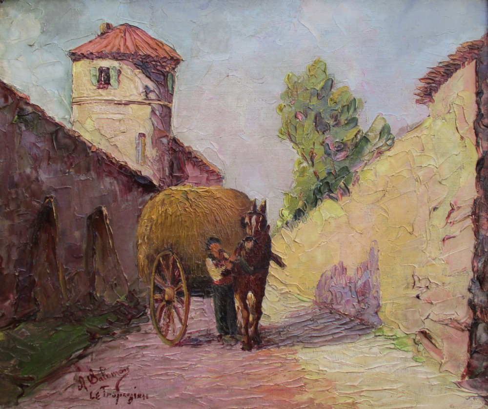 St Tropez hinterland ca. 1930 Southern French rural scene Salomon le Tropezien, hay cart and horse oil on canvas