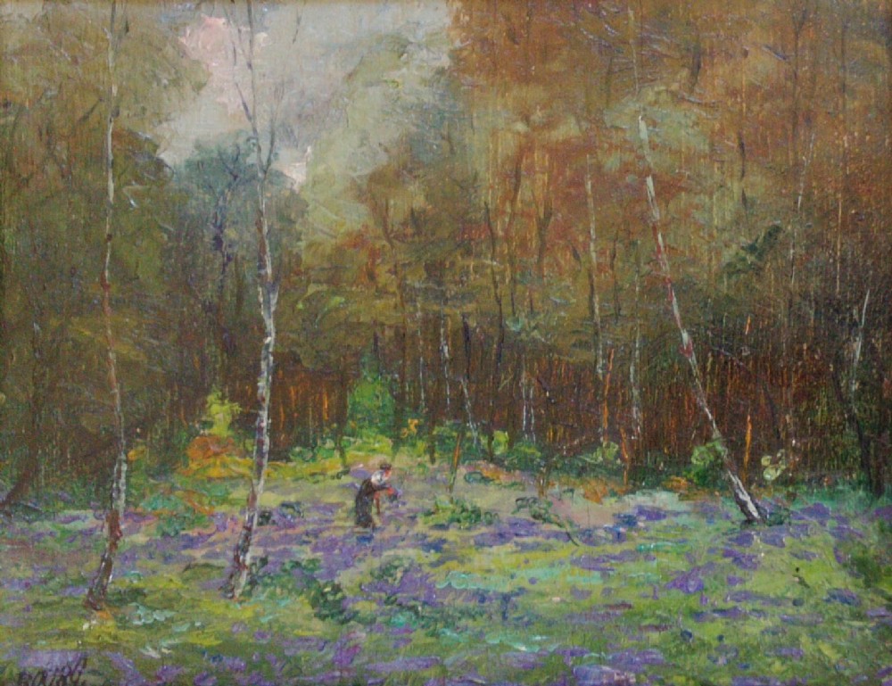The bluebell Woods , collecting flowers in the forest, antique oil by  Jules-Emile Bourg dated 1916.