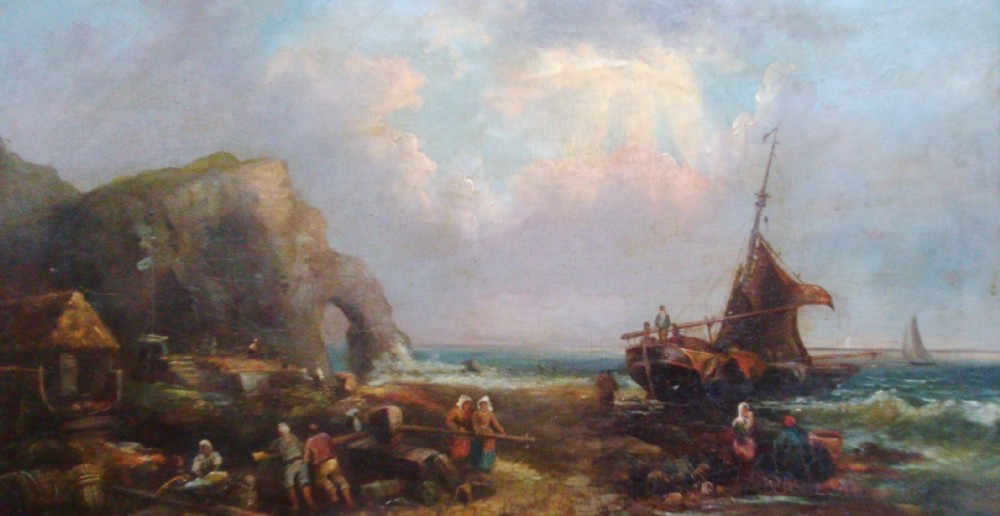 19th Century Marine  Fishermen on the Beach Continental Dutch or Flemish oil on panel