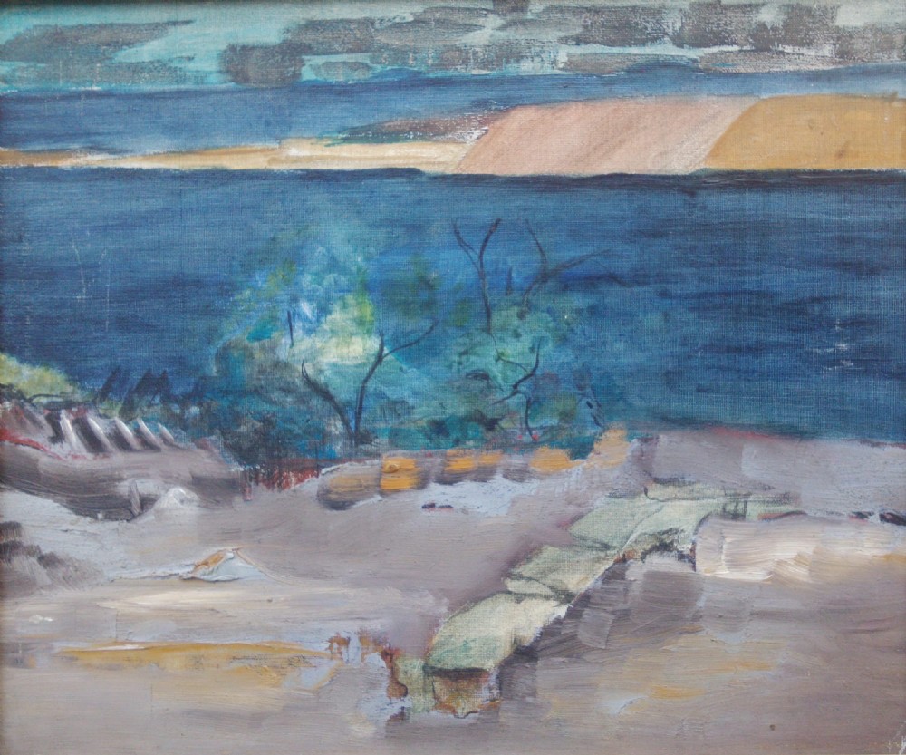 French Abstracted poetic Water Landscape, oil on board, 1956