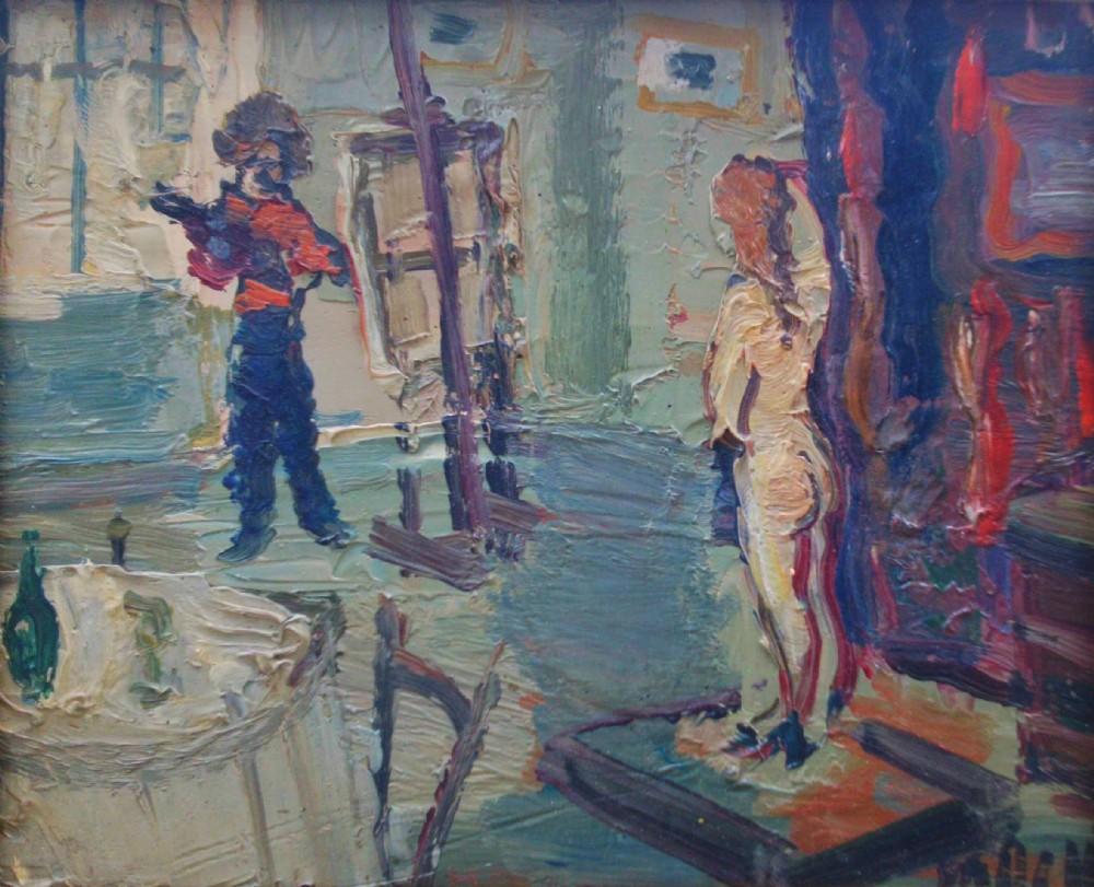 French Expressionist Montmartre the artist's studio by Gabriel Dauchot, ca 1950. Greta Garbo owned a works by the artist! Antique oil on canvas.