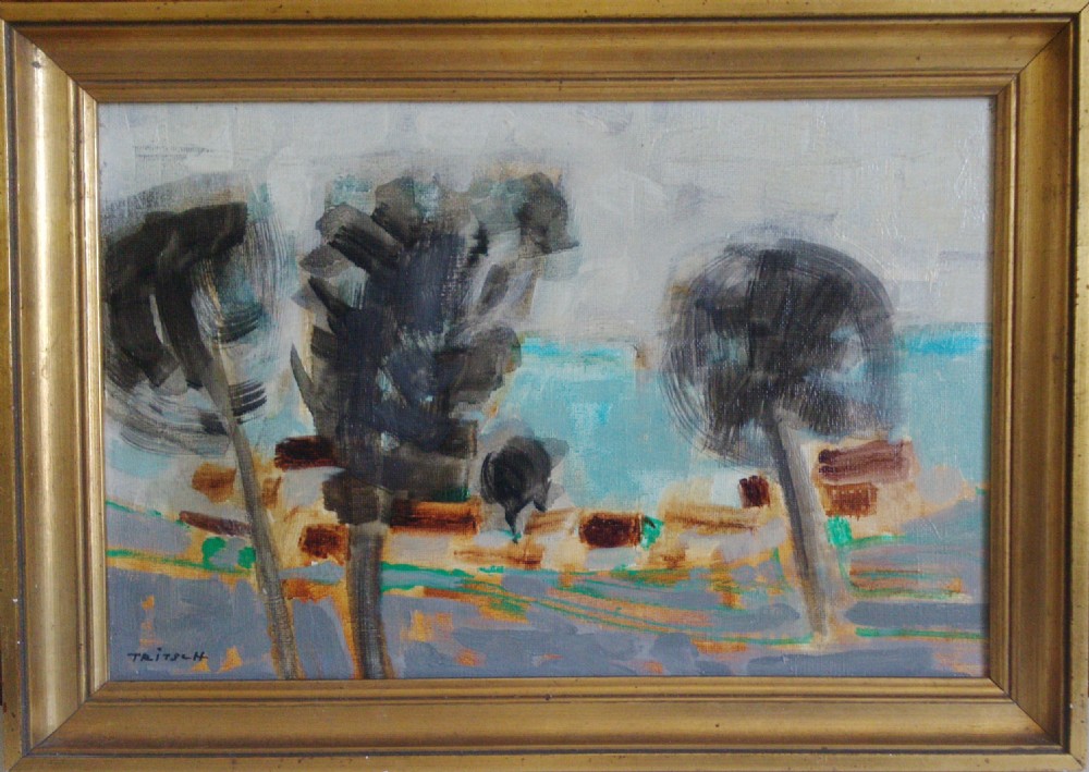 Abstracted Trees by the Sea, poetic realism by Prize of Rome awarded Paul Tritsch, oil on canvas ca  1955 View III