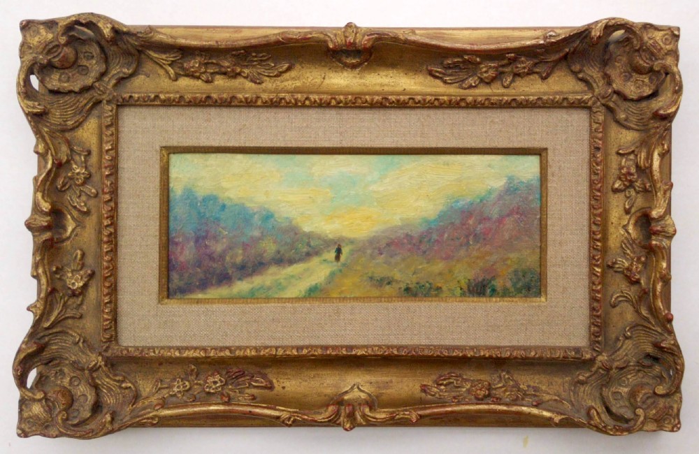 Antique French Colourist painting, circa 1890, Lone figure walking across heather fields