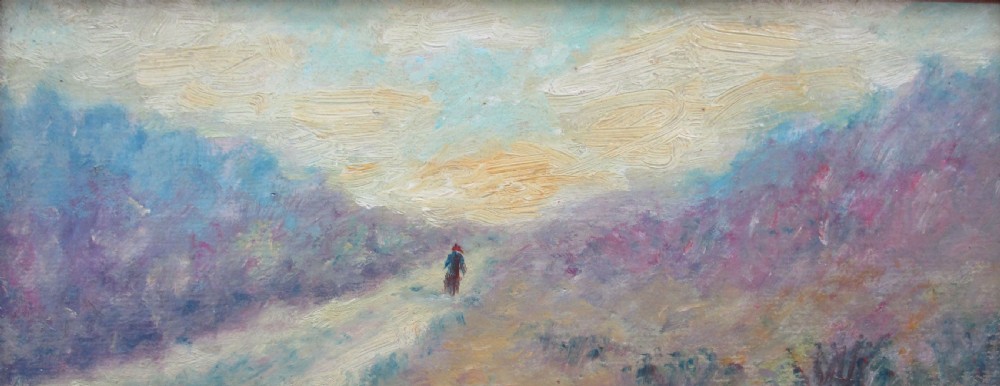 Antique French Colourist painting, circa 1890, Lone figure walking across heather fields View III