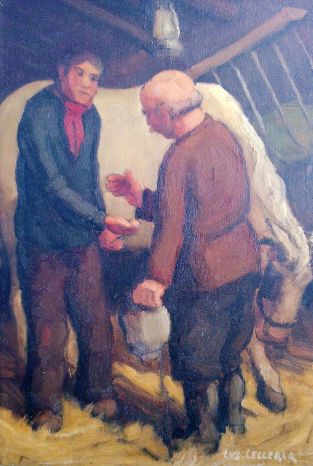 The new horse -A done deal! - French country life by Lucien Leclercq (1895-1955) antique oil on panel