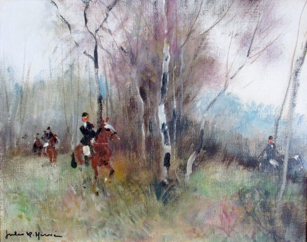 Jules Rene Herve Riders in the Woods, Country Pursuits: antique oil on canvas 