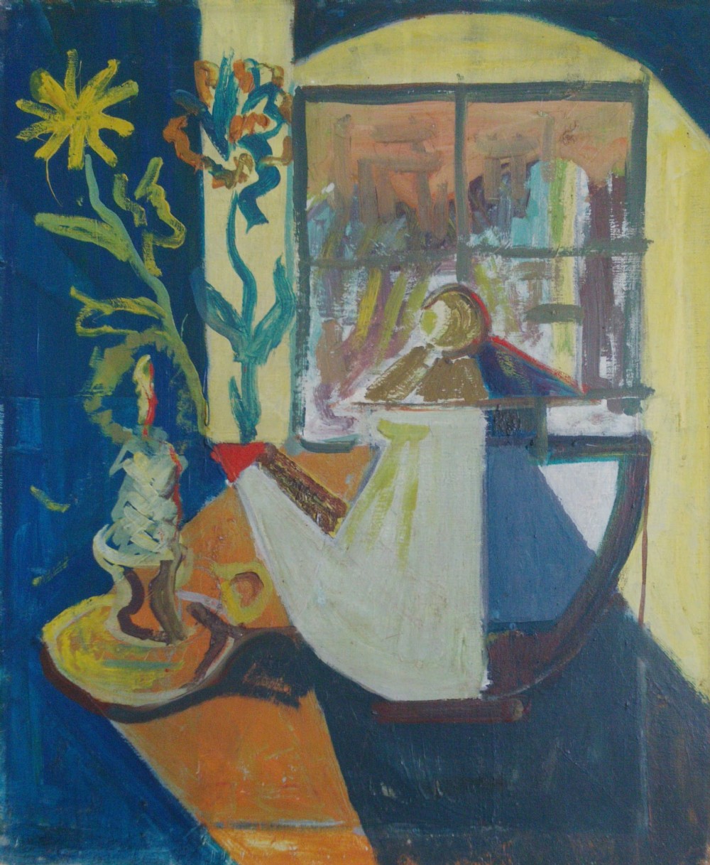Antique French Constructivist circa 1950 Modernist Still Life with Tea Pot oil on board