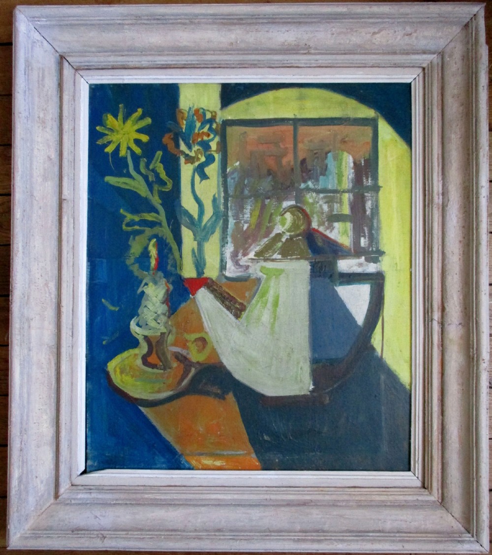 Antique French Constructivist circa 1950 Modernist Still Life with Tea Pot oil on board View V