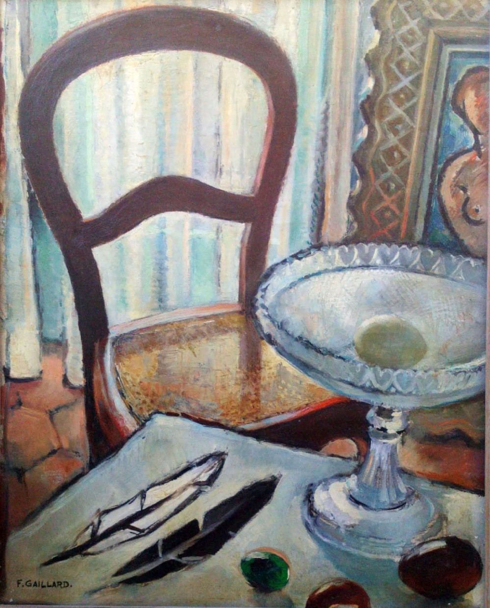 Still Life with  conker, eggs and feather, circa 1920: whimsical luminist antique oil on canvas