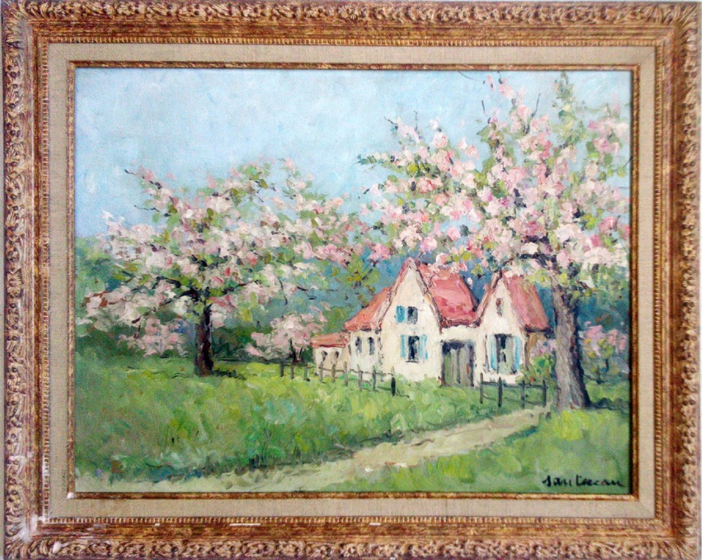 Apple trees in bloom, the Normandy orchard, antique oil by René Sauterau (born 1862)
