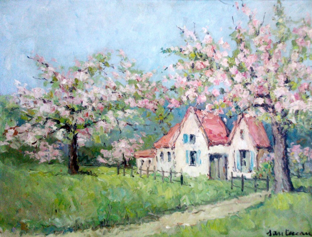 Apple trees in bloom, the Normandy orchard, antique oil by René Sauterau (born 1862) View IV