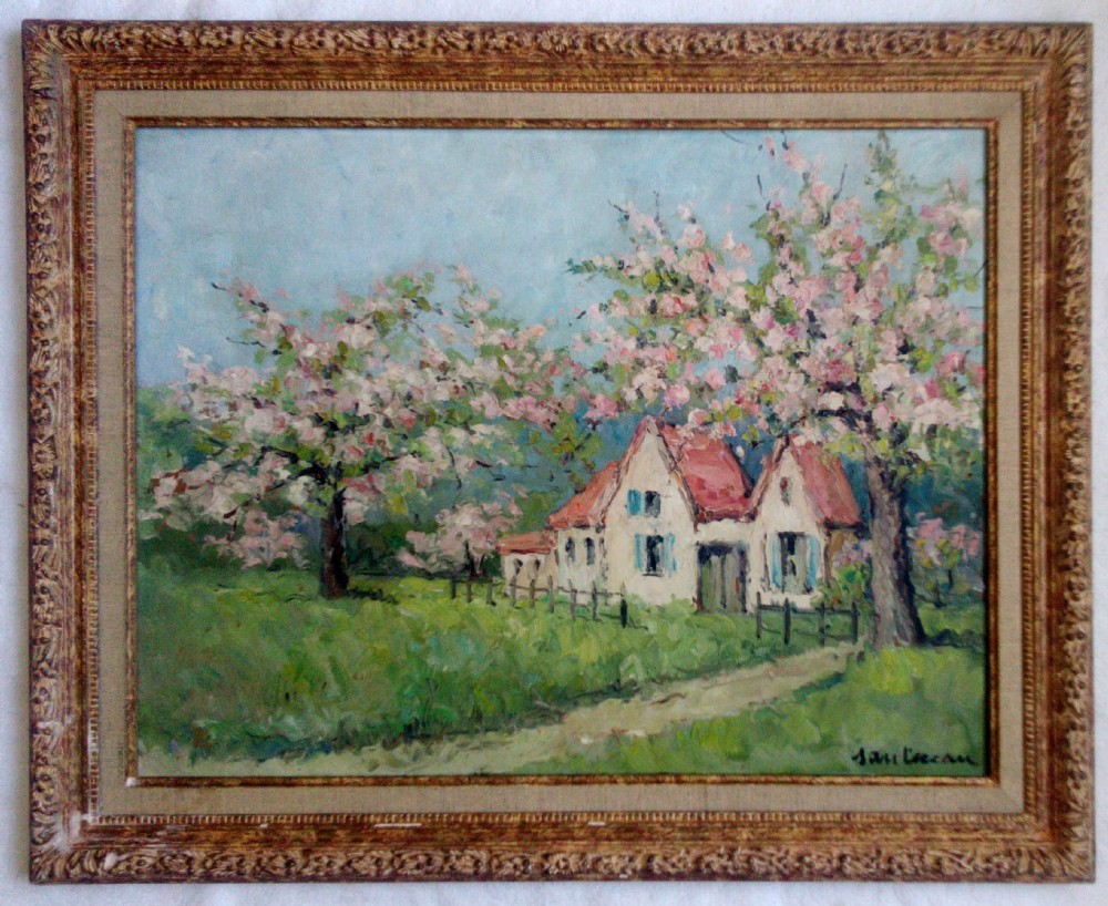 Apple trees in bloom, the Normandy orchard, antique oil by René Sauterau (born 1862) View V