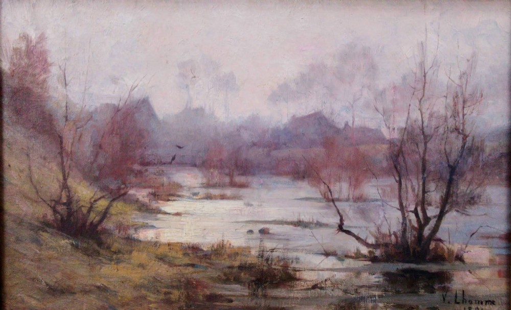 1891 Autumn Mist: Two Birds by Victor Lhomme (1870-1957)  antique French landscape oil on canvas