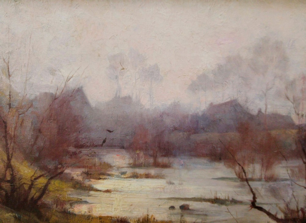 1891 Autumn Mist: Two Birds by Victor Lhomme (1870-1957)  antique French landscape oil on canvas View III