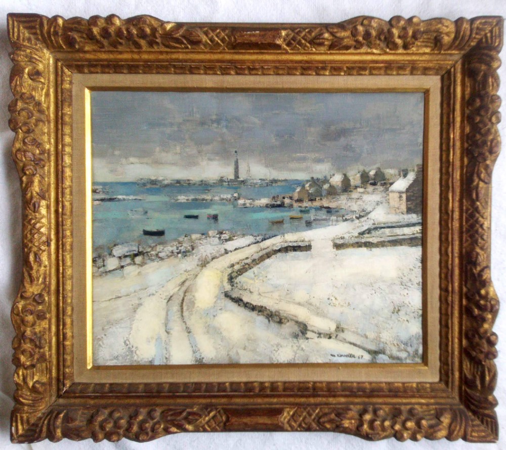Fishing Village in the Snow, Winter in Brittany. French antique oil by Marcel Kervella, ca. 1957, lovely provenance View II