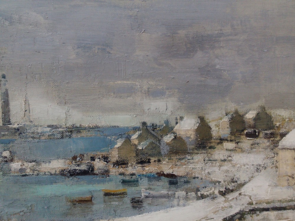 Fishing Village in the Snow, Winter in Brittany. French antique oil by Marcel Kervella, ca. 1957, lovely provenance View III
