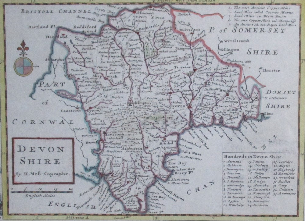 Devon 18th century hand coloured map of Devonshire by Herman Miller (fl 1688-1724) View IV