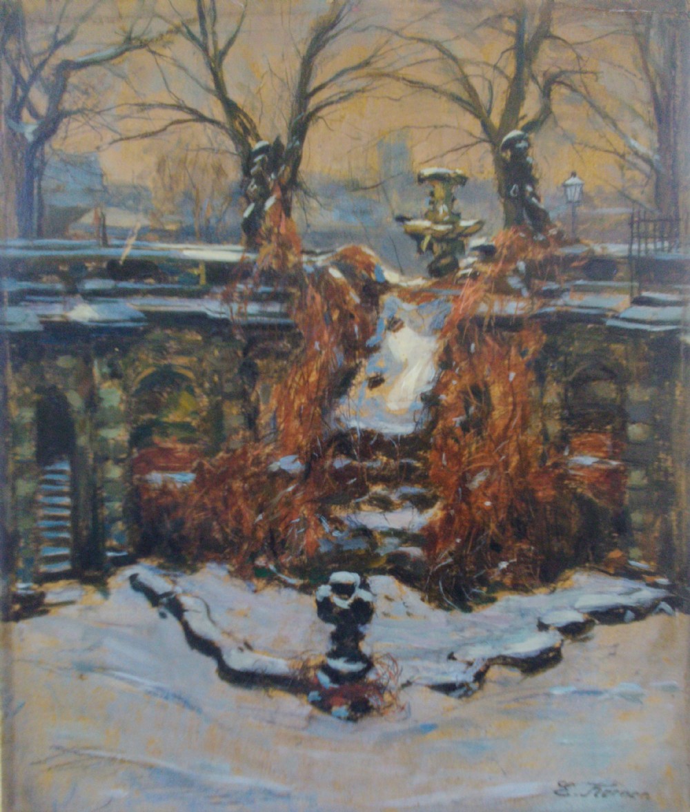 Snow in the Park, ca 1890, antique impressionist oil by German Edmund Koerner (