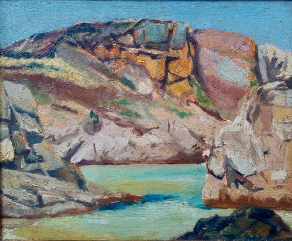 The Creek: French Cezannian cubist abstract landscape, circa 1920, oil on panel