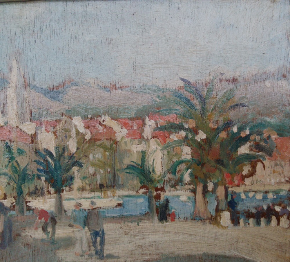 French Mediterranean Cannes Cote d'Azur oil on panel, ca 1935 by Pierre Lucas , Palm Trees and Boule Players by the Port View V