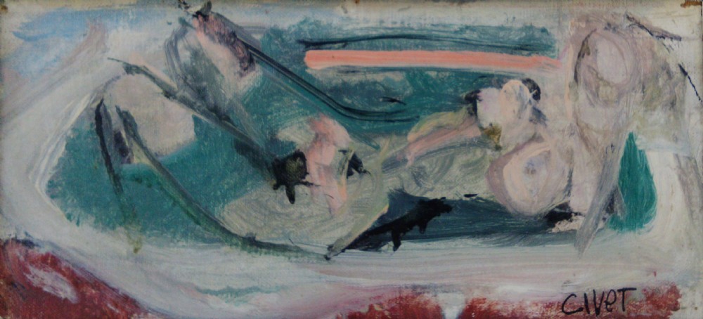 Woman bathing, in the bath tub, Andre Civet antique modernist abstract oil on panel