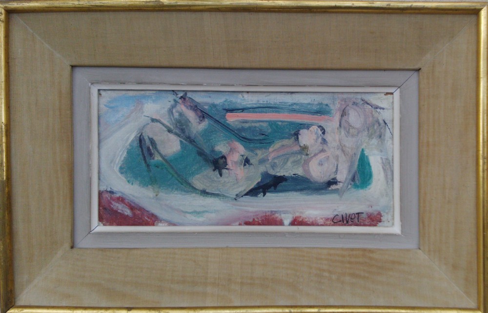Woman bathing, in the bath tub, Andre Civet antique modernist abstract oil on panel View II