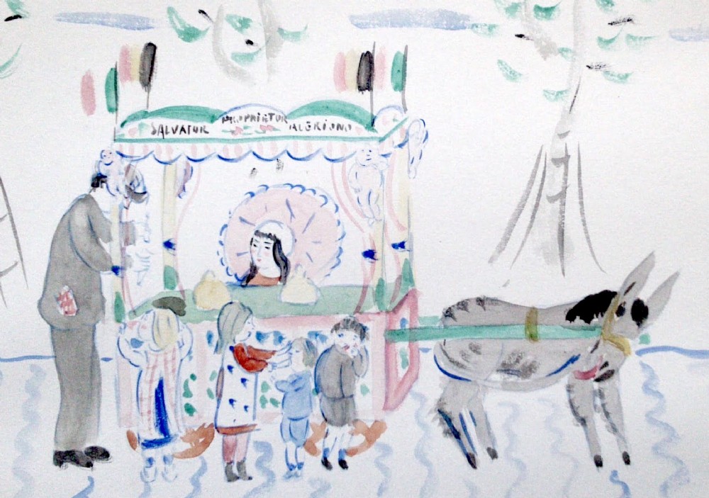 The Ice Cream Van, London 1915, Arts and Crafts period watercolour